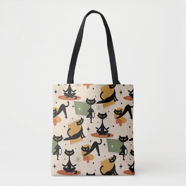 Mid-Century Atomic Cat Design | Retro Cat Tote Bag (Front)