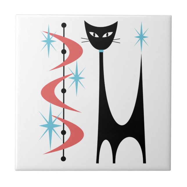 Mid Century Atomic Cat with Pink Boomerangs Tile (Front)