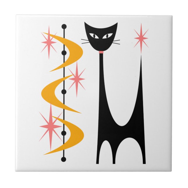 Mid Century Atomic Cat with Yellow Boomerangs Tile (Front)