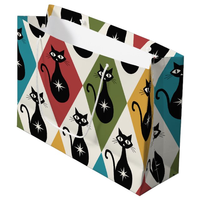 Mid Century Atomic cats on Harlequin diamonds  Large Gift Bag (Front Angled)