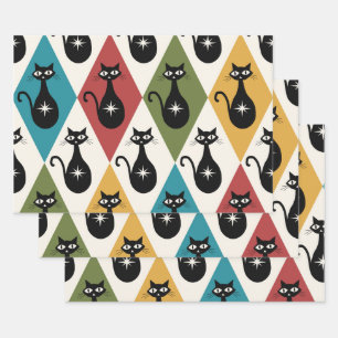 Mid Century Atomic cats on Harlequin diamonds  Wrapping Paper Sheet