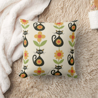 Mid Century Atomic Cats with Retro Orange flowers  Throw Pillow