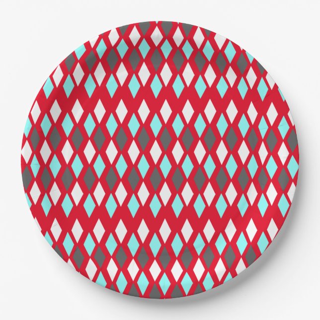 Mid-Century Atomic Diamonds on Red Paper Plate (Front)