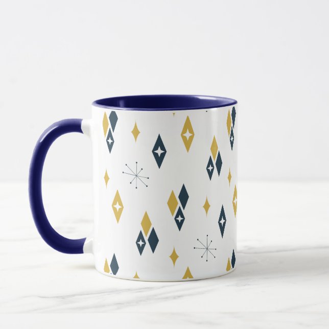 Mid Century Atomic Diamonds Starburst Navy Mustard Mug (Left)