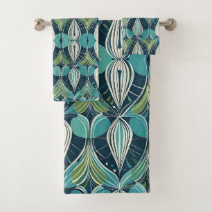 Mid Century Atomic Drops Blue Green Pattern Bath Towel Set