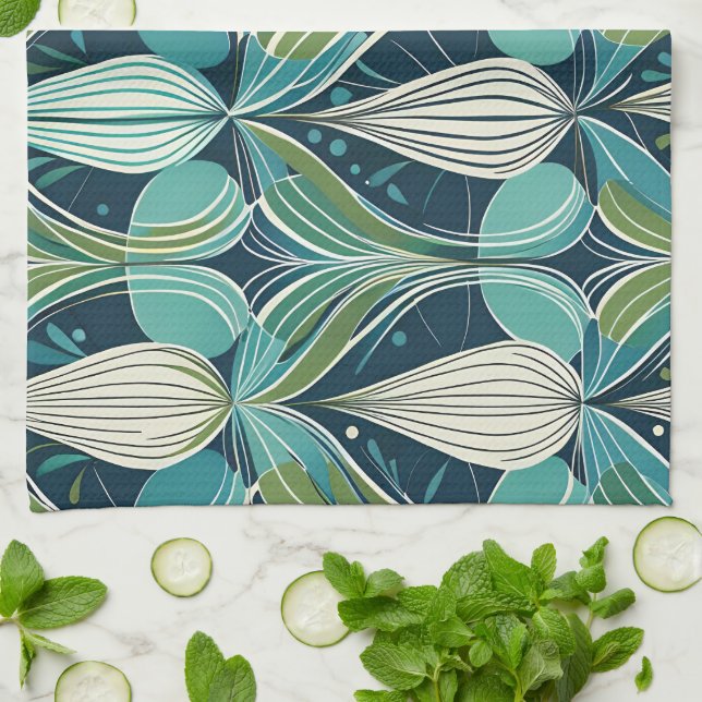 Mid Century Atomic Drops Blue Green Pattern Kitchen Towel (Folded)