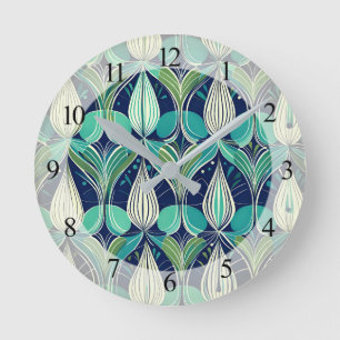 Mid Century Atomic Drops Blue Green Pattern Round Clock