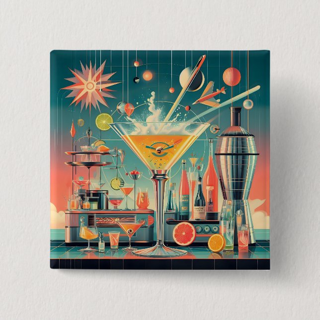 Mid Century Atomic Futuristic Citrus Martini Bar 2 Inch Square Button (Front)