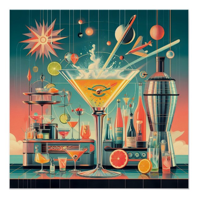 Mid Century Atomic Futuristic Citrus Martini Bar Poster (Front)