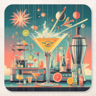 Mid Century Atomic Futuristic Citrus Martini Bar Square Paper Coaster