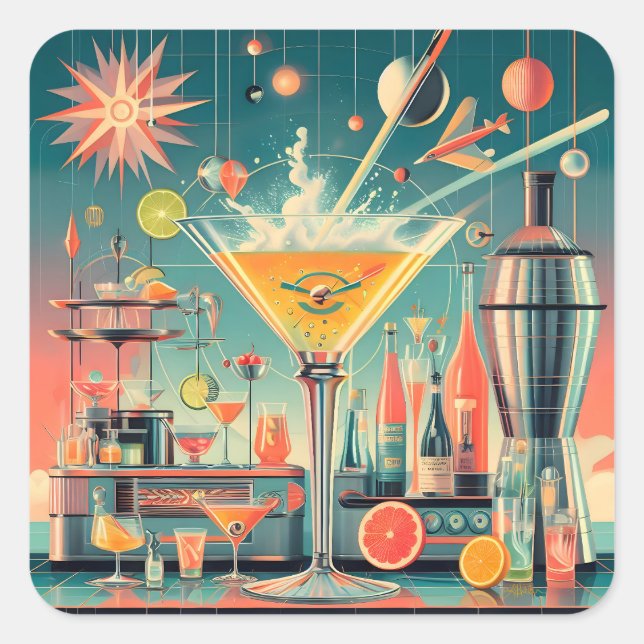 Mid Century Atomic Futuristic Citrus Martini Bar Square Sticker (Front)