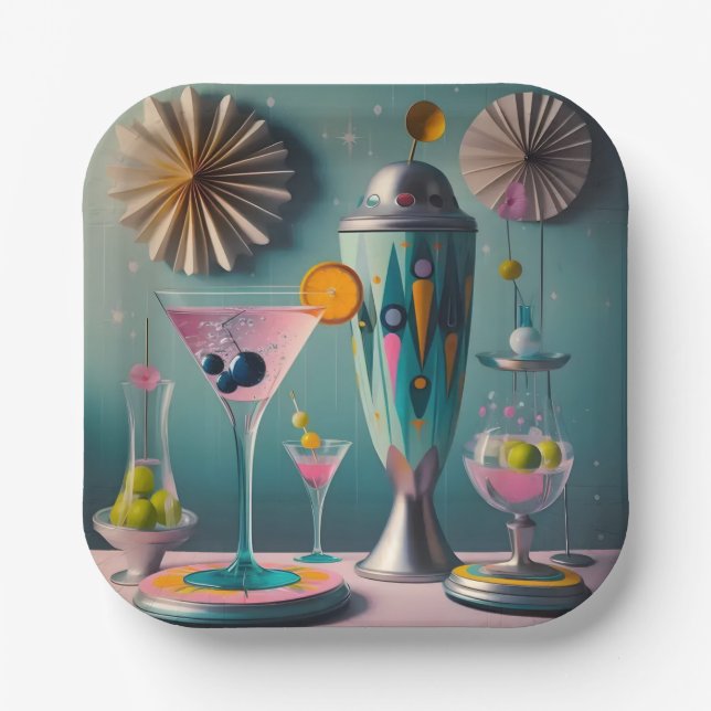 Mid Century Atomic Futuristic Cocktail Time Paper Plate (Front)
