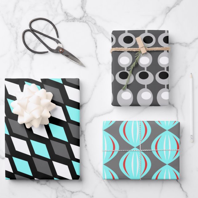 Mid-Century Atomic Grey Trio Wrapping Paper Sheet (Front)