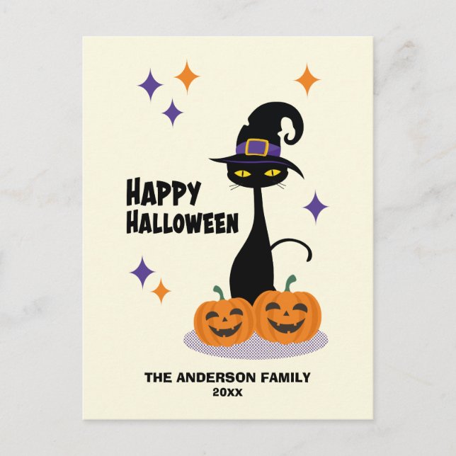Mid-Century Atomic Halloween Cat Holiday Postcard (Front)