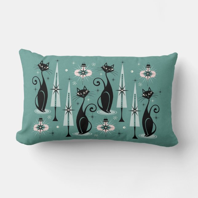 Mid Century Atomic Kitty Christmas Lumbar Pillow (Front)