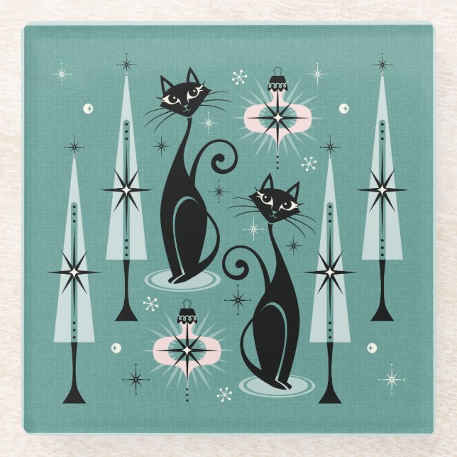 Mid Century Atomic Kitty Christmas ©studioxtine Glass Coaster (Front)