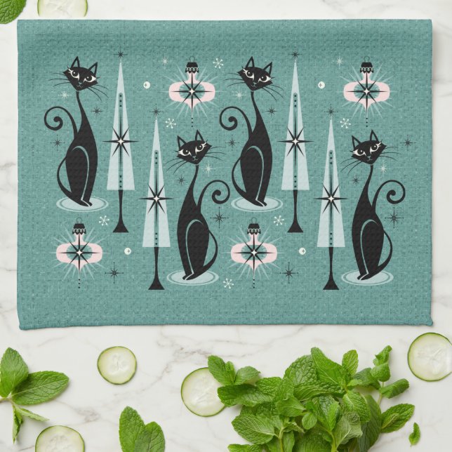 Mid Century Atomic Kitty Christmas ©studioxtine Kitchen Towel (Folded)
