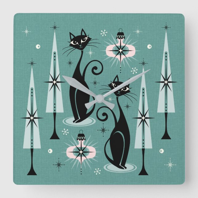 Mid Century Atomic Kitty Christmas ©studioxtine Square Wall Clock (Front)