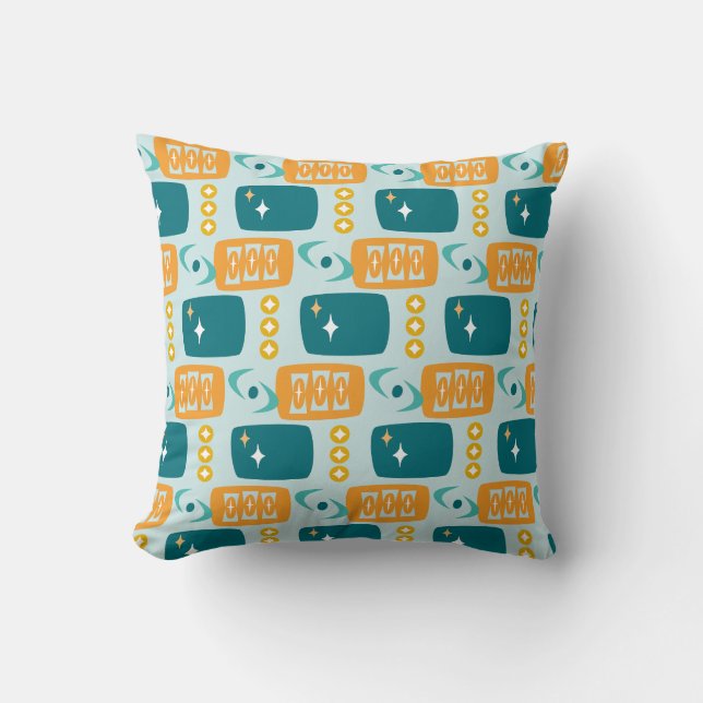 Mid Century Atomic Pattern in Aqua, Orange, Teal Throw Pillow (Front)