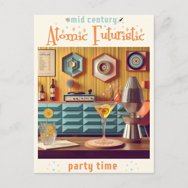 Mid Century Atomic Retro Futuristic Party Room Postcard (Front)
