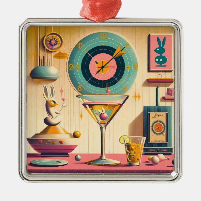 Mid Century Atomic Retro Futuristic Rabbit Martini Metal Ornament (Front)