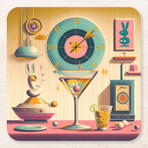 Mid Century Atomic Retro Futuristic Rabbit Martini Square Paper Coaster