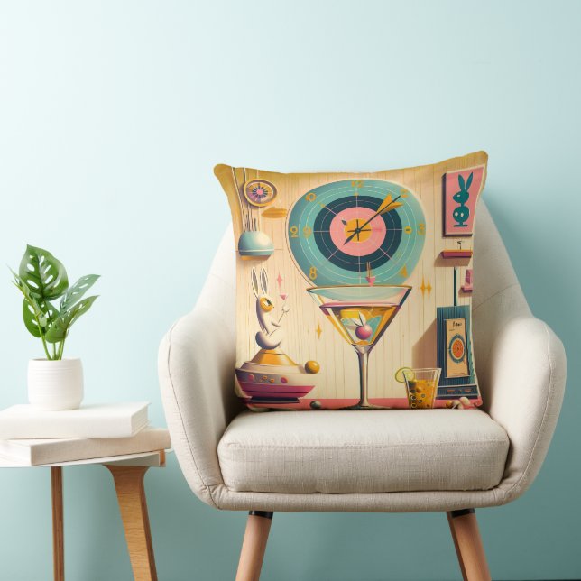 Mid Century Atomic Retro Futuristic Rabbit Martini Throw Pillow (Chair)