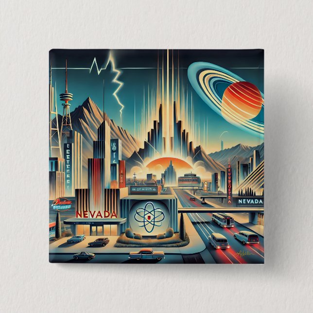 Mid Century Atomic Space Age Nevada Art 2 Inch Square Button (Front)