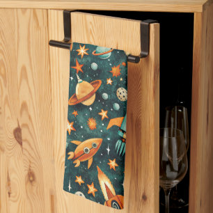 Mid Century Atomic Space Orange Teal Planet Kitchen Towel