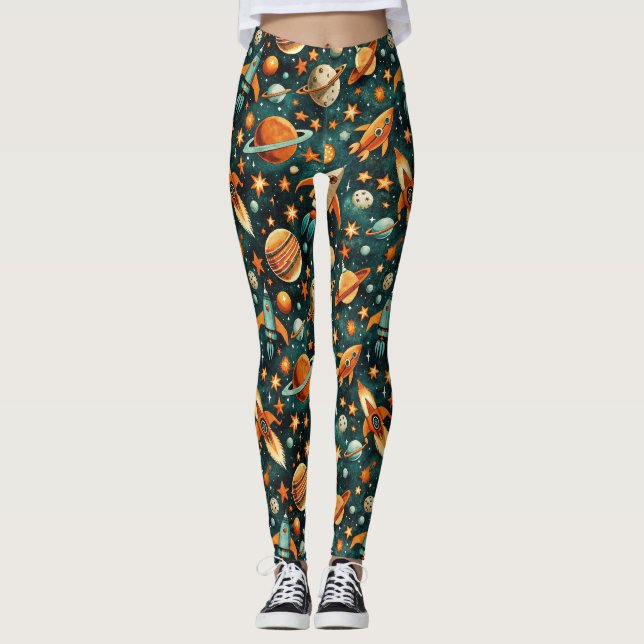 Mid Century Atomic Space Orange Teal Planet Leggings (Front)