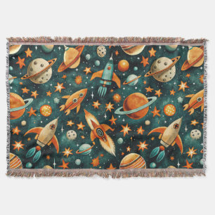 Mid Century Atomic Space Orange Teal Planet Throw Blanket