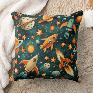 Mid Century Atomic Space Orange Teal Planet Throw Pillow