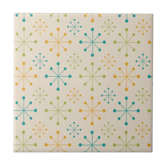 Mid Century Atomic Starburst Orange Teal Green  Tile (Front)