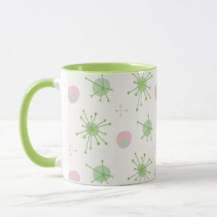 Mid Century Atomic Starburst Pattern Pink, Green Mug