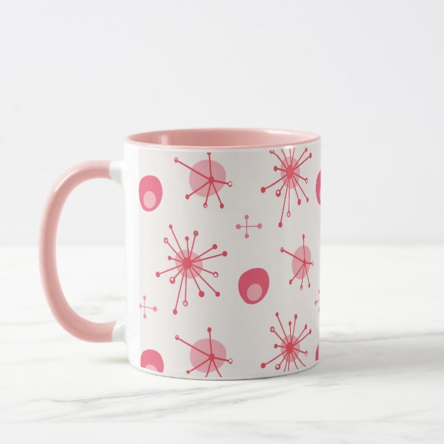 Mid Century Atomic Starburst Pattern Pink, Red Mug (Left)