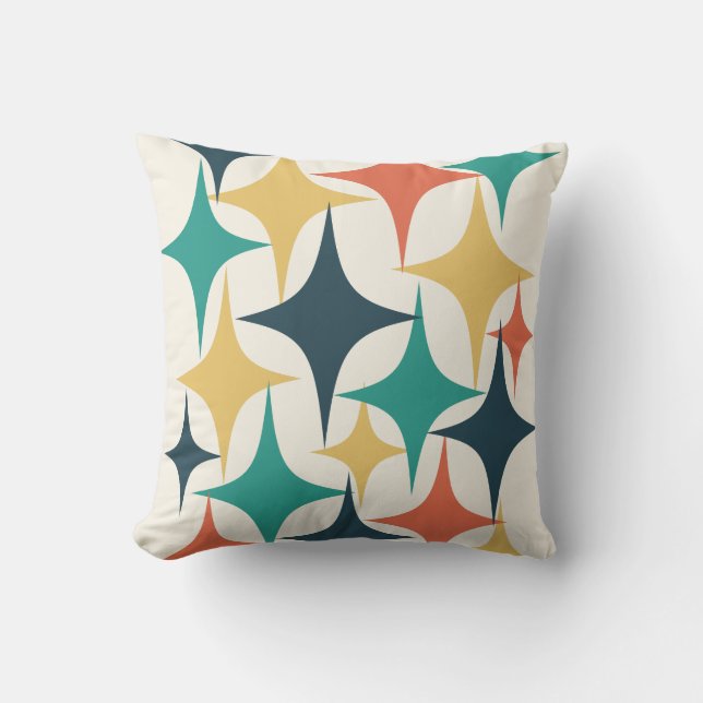 Mid Century Atomic Starburst Teal, Yellow, Orange Throw Pillow (Front)