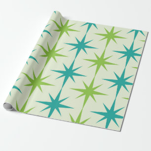 Mid Century Atomic Starbursts Green and Teal Wrapping Paper