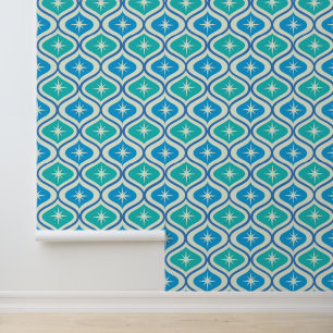 Mid Century Atomic Starbursts on Blue Teal Ogee Wallpaper