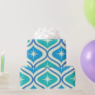 Mid Century Atomic Starbursts on Blue Teal Ogee Wrapping Paper