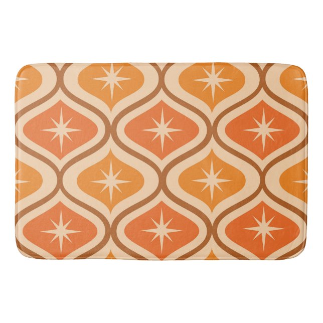 Mid Century Atomic Starbursts on Orange  Ogee  Bath Mat (Front)