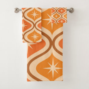 Mid Century Atomic Starbursts on Orange Ogee Bath Towel Set