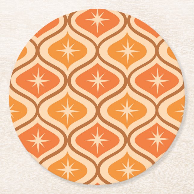 Mid Century Atomic Starbursts on Orange  Ogee  Round Paper Coaster (Front)