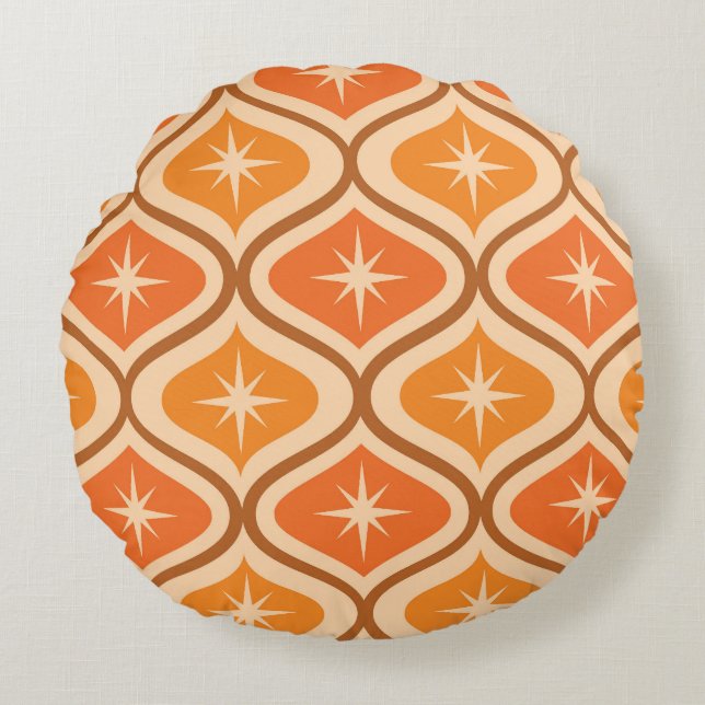 Mid Century Atomic Starbursts on Orange  Ogee  Round Pillow (Front)