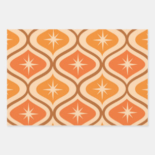 Mid Century Atomic Starbursts on Orange  Ogee  Wrapping Paper Sheet