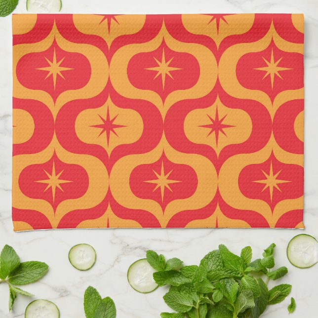 Mid Century Atomic Starbursts on Red Orange Ogee  Kitchen Towel (Folded)