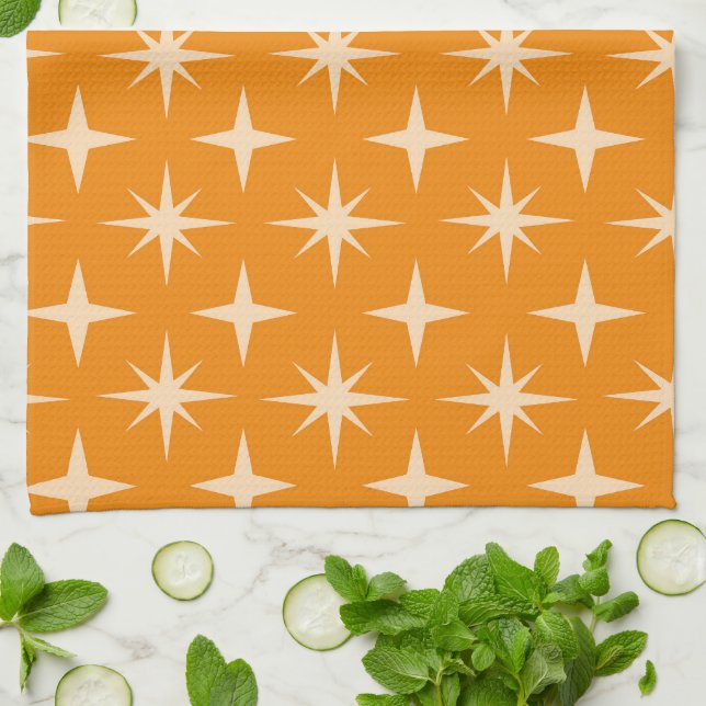 Mid Century Atomic starbursts Pattern on Orange  Kitchen Towel (Folded)
