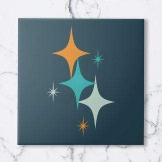 Mid Century Atomic Stars Dark Teal Aqua Orange Tile