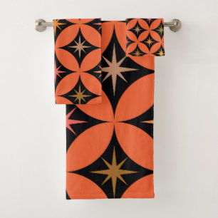 Mid Century Atomic Stars on Orange Circles Bath Towel Set