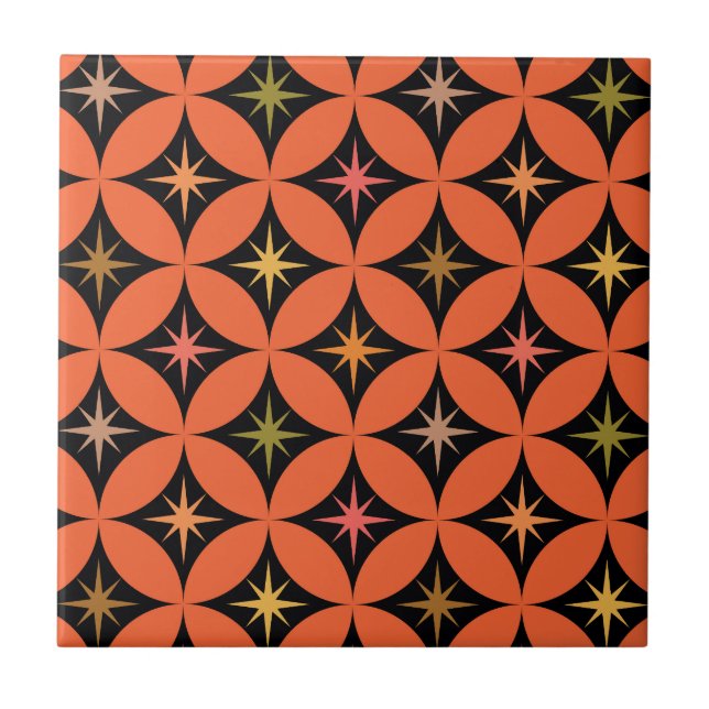 Mid Century Atomic Stars on Orange Circles Tile (Front)
