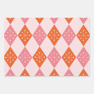 Mid Century Atomic Stars on Orange Pink Diamonds Wrapping Paper Sheet